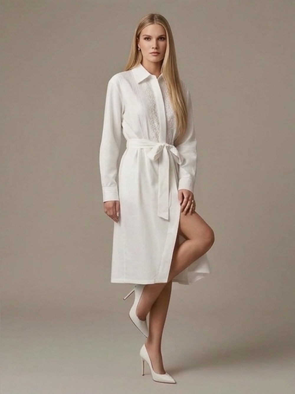 Imported White Embroidered Belted Midi Shirt Dress Size S Cotton Blend